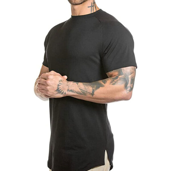 Mens-Slim-Fitted-Gym-Athletic-Longline-Raglan-Sleeve-Curved-Hem-T-Shirts